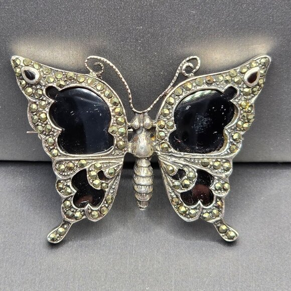 Unbranded Jewelry - VTG Sterling Silver 925 Butterfly Brooch 2" Marcasite Black Onyx 14.67g